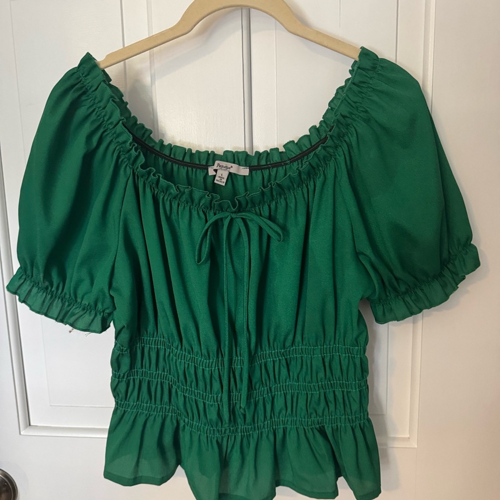 Papaya Emerald Green Crop Off-Shoulder Women's Top Puff Sleeve Sz L